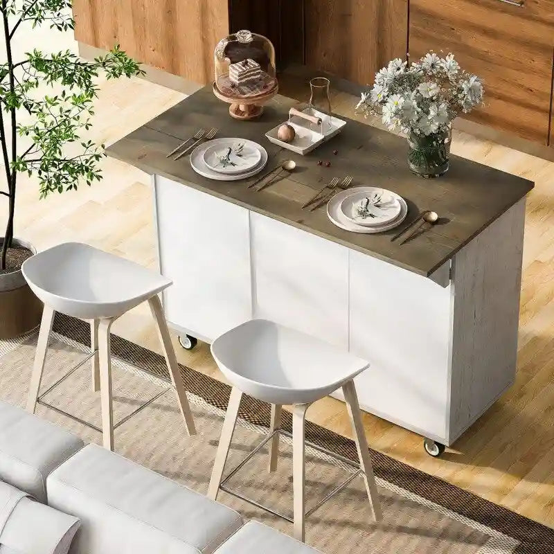 Retro 47D Kitchen Island on Wheels with Drop Leaf,Internal Storage Rack