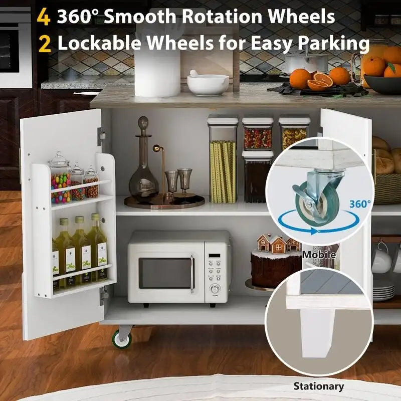Retro 47D Kitchen Island on Wheels with Drop Leaf,Internal Storage Rack