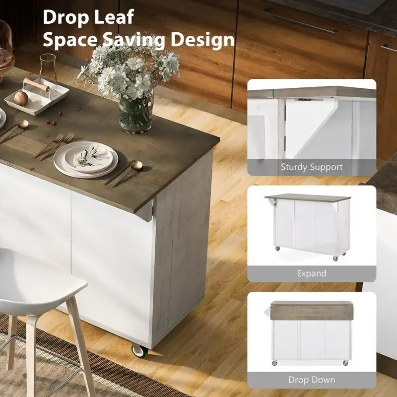 Retro 47D Kitchen Island on Wheels with Drop Leaf,Internal Storage Rack