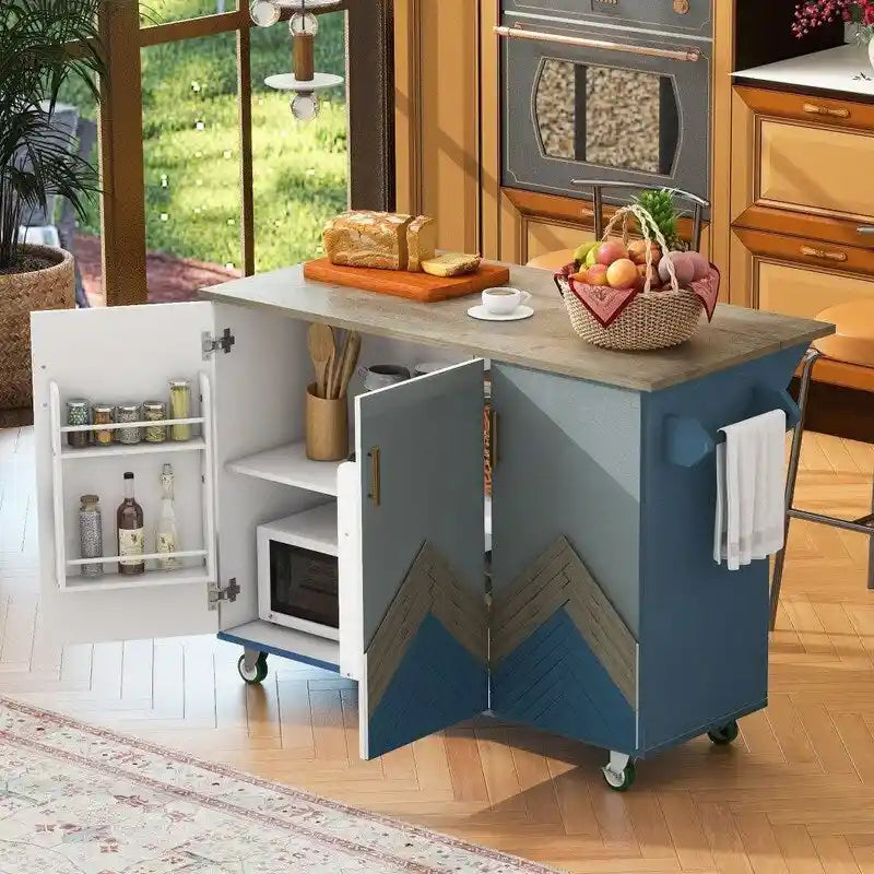 Retro 47D Kitchen Island on Wheels with Drop Leaf,Internal Storage Rack