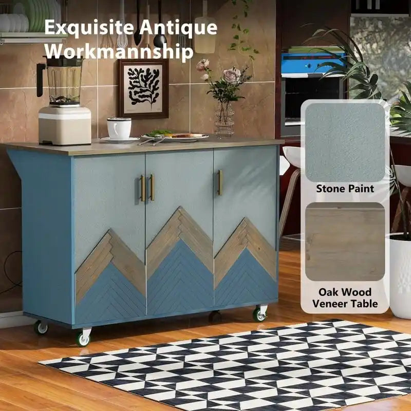 Retro 47D Kitchen Island on Wheels with Drop Leaf,Internal Storage Rack