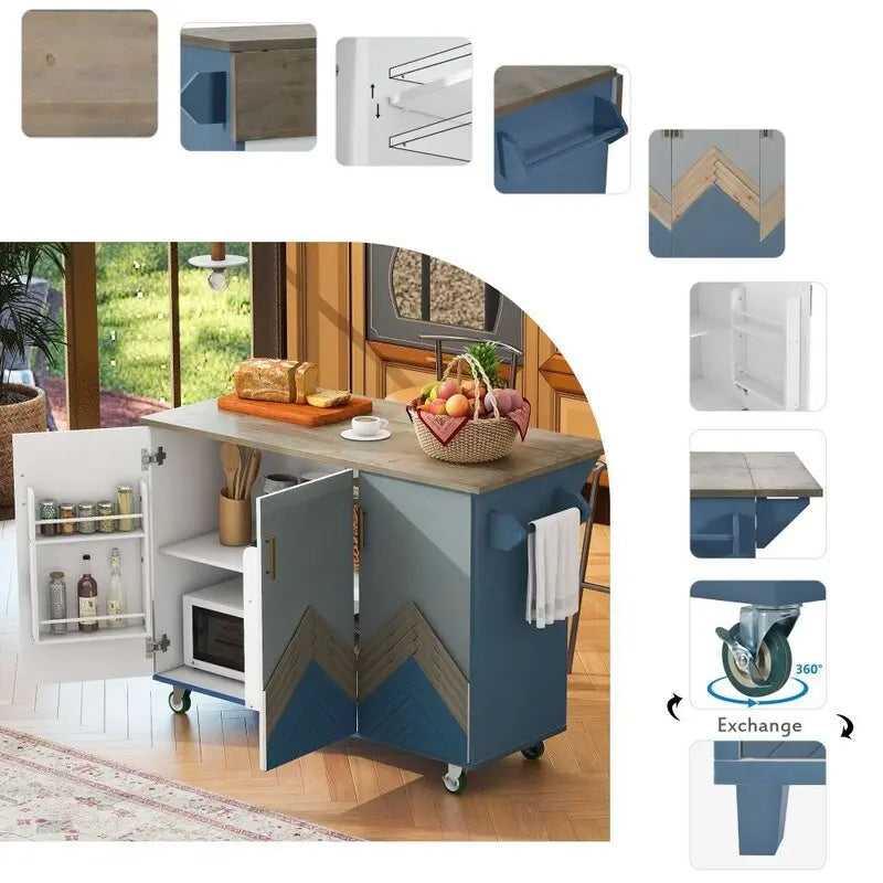 Retro 47D Kitchen Island on Wheels with Drop Leaf,Internal Storage Rack