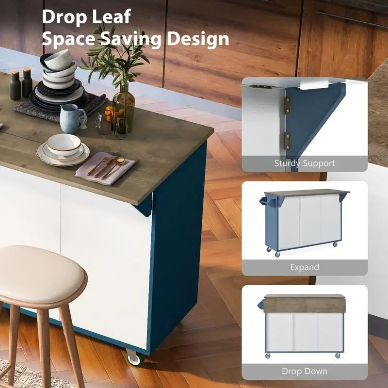 Retro 47D Kitchen Island on Wheels with Drop Leaf,Internal Storage Rack