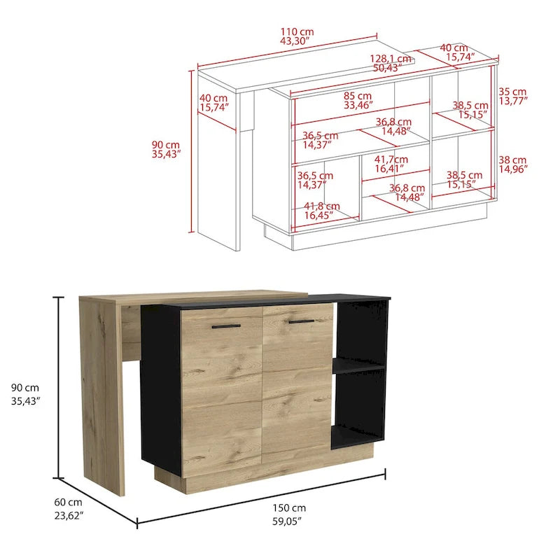 Kitchen Island for Kitchen, Dining Room, Black / Light Oak