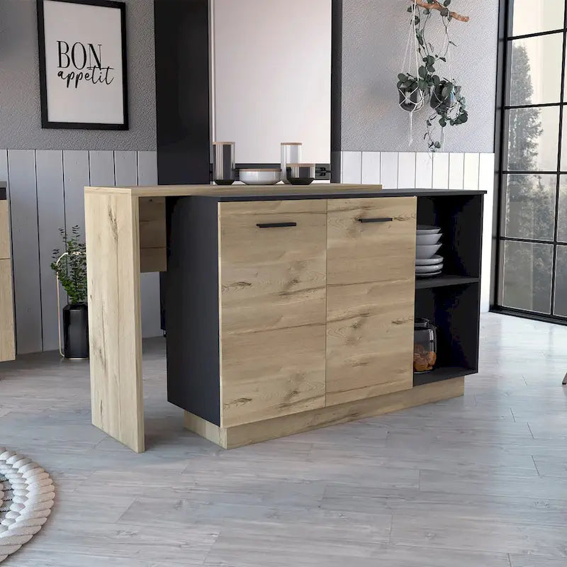 Kitchen Island for Kitchen, Dining Room, Black / Light Oak
