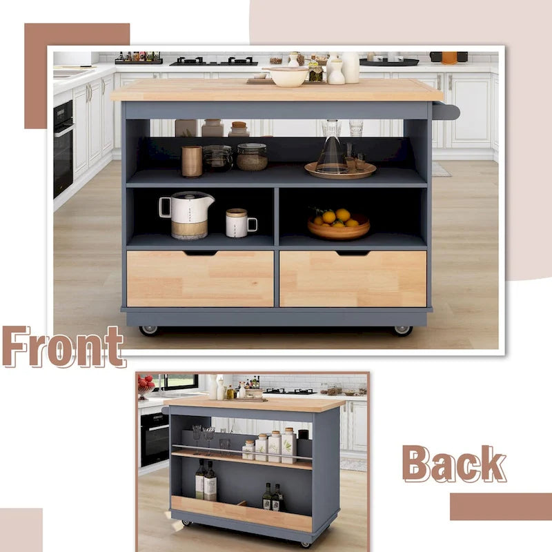 Rolling Kitchen Island with Storage, Two-sided Kitchen island Cart on Wheels with Wood Top, Wine and Spice Rack