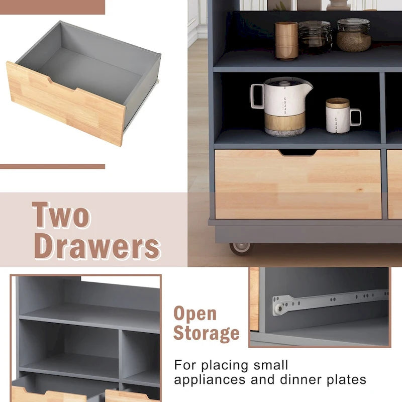 Rolling Kitchen Island with Storage, Two-sided Kitchen island Cart on Wheels with Wood Top, Wine and Spice Rack