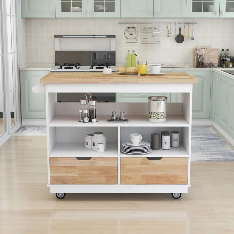Rolling Kitchen Island with Storage, Two-sided Kitchen island Cart on Wheels with Wood Top, Wine and Spice Rack