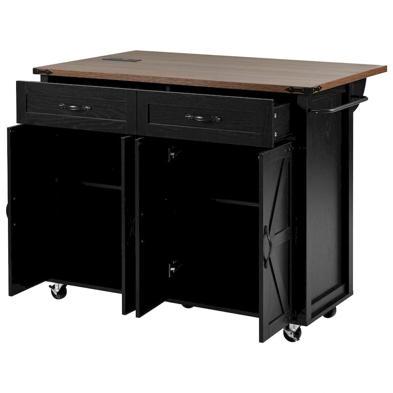 53.5 Farmhouse Kitchen Trolley with Power Outlet, Drop Leaf, Spice Rack, and Drawers, Mobile Cart on Wheels