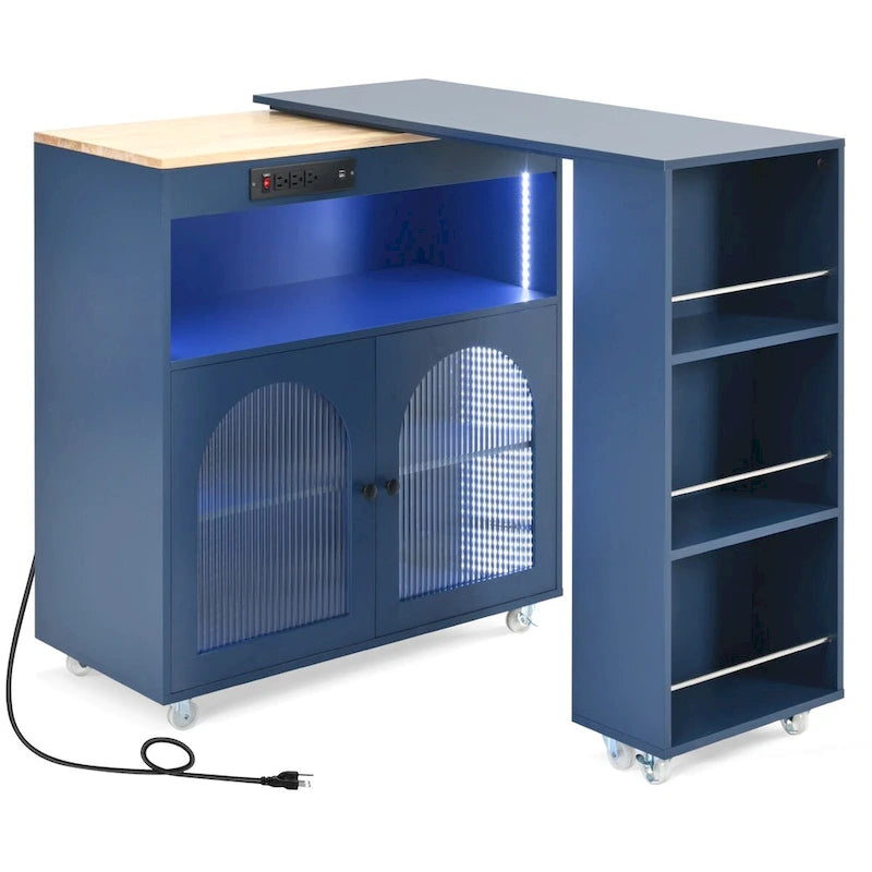 56.3 in. W Kitchen Island with Extended Table, LED Lights and Side 3 Open Shelves