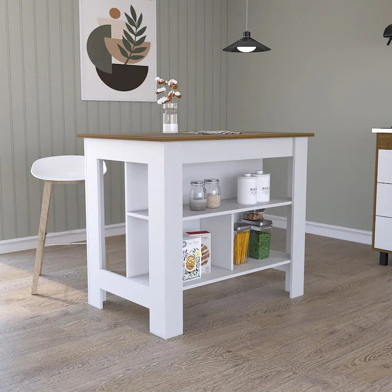 Open Kitchen Island,4 Legs, Three Shelves -White / Walnut