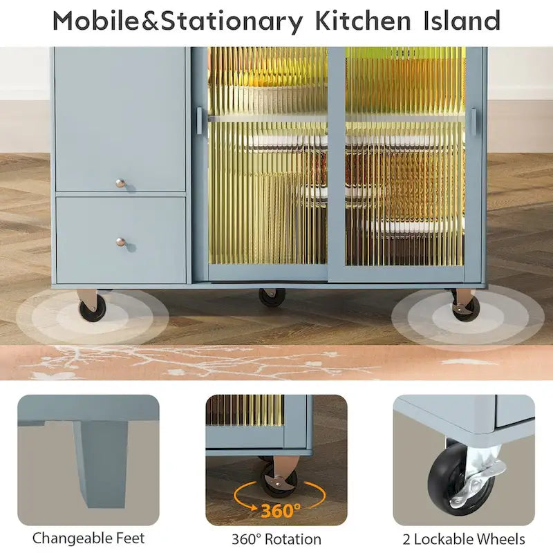 Kitchen Island with Drop Leaf,LED Light Cart on Wheels with 2 Fluted Glass Doors,Adjustable Shelf,2 Drawers,1 Flip Cabinet Door
