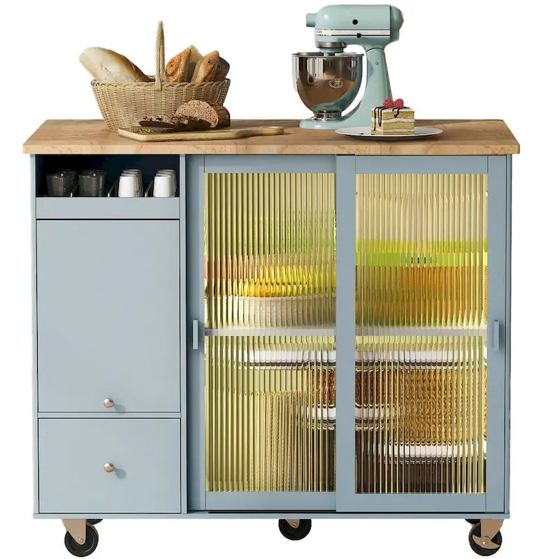 Kitchen Island with Drop Leaf,LED Light Cart on Wheels with 2 Fluted Glass Doors,Adjustable Shelf,2 Drawers,1 Flip Cabinet Door