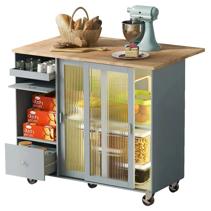 Kitchen Island with Drop Leaf,LED Light Cart on Wheels with 2 Fluted Glass Doors,Adjustable Shelf,2 Drawers,1 Flip Cabinet Door