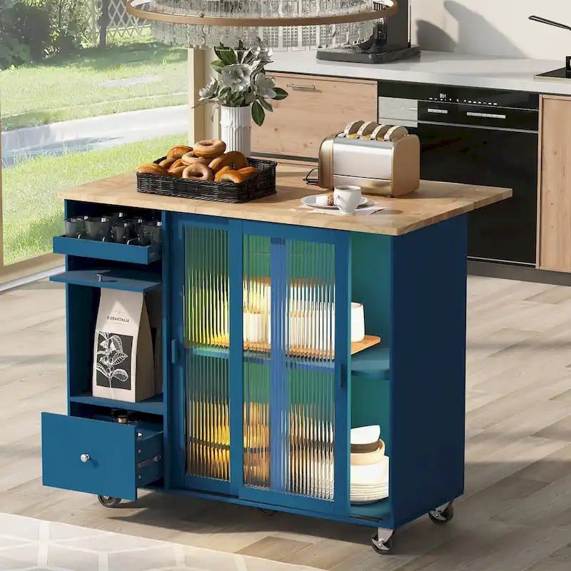 Kitchen Island with Drop Leaf,LED Light Cart on Wheels with 2 Fluted Glass Doors,Adjustable Shelf,2 Drawers,1 Flip Cabinet Door