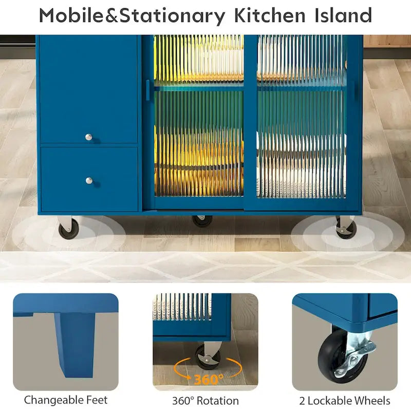 Kitchen Island with Drop Leaf,LED Light Cart on Wheels with 2 Fluted Glass Doors,Adjustable Shelf,2 Drawers,1 Flip Cabinet Door