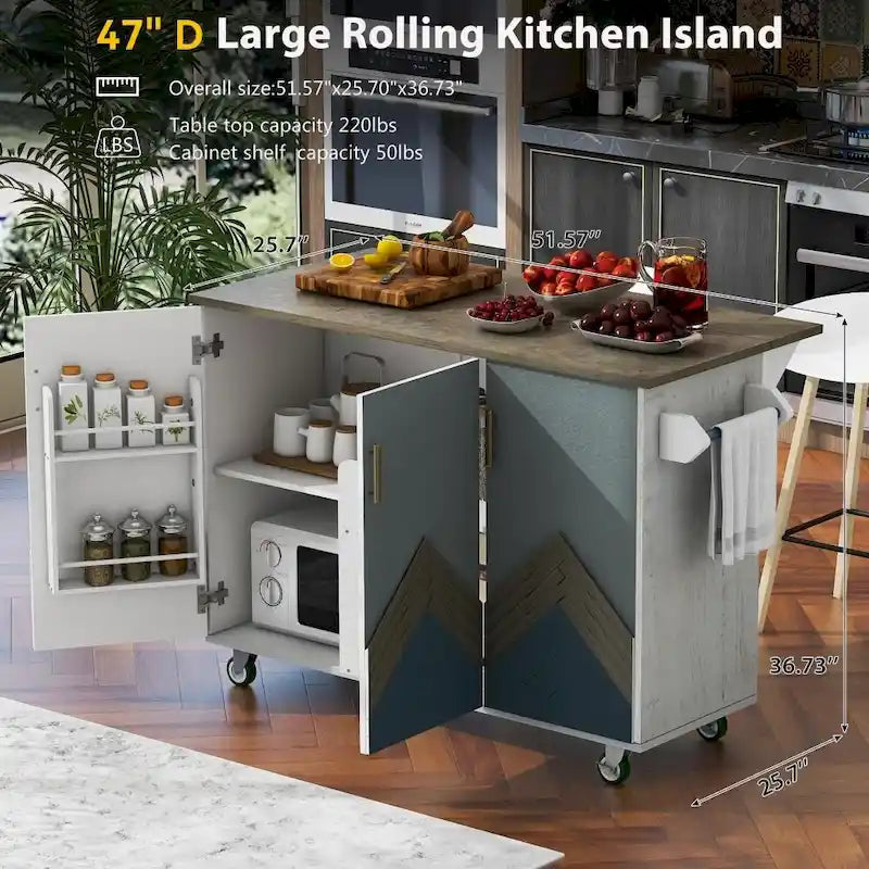 47D Wood Kitchen Island with Drop Leaf, with Internal Storage Rack