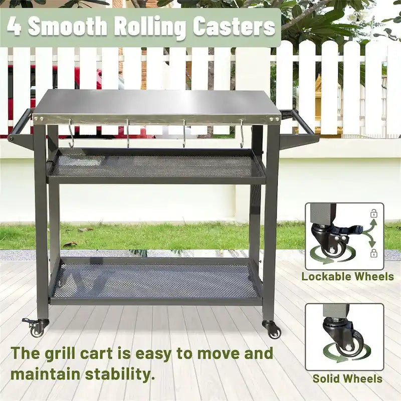 3-Shelf Outdoor Grill Cart with Wheels, Stainless Steel Tabletop