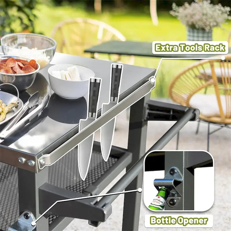 3-Shelf Outdoor Grill Cart with Wheels, Stainless Steel Tabletop