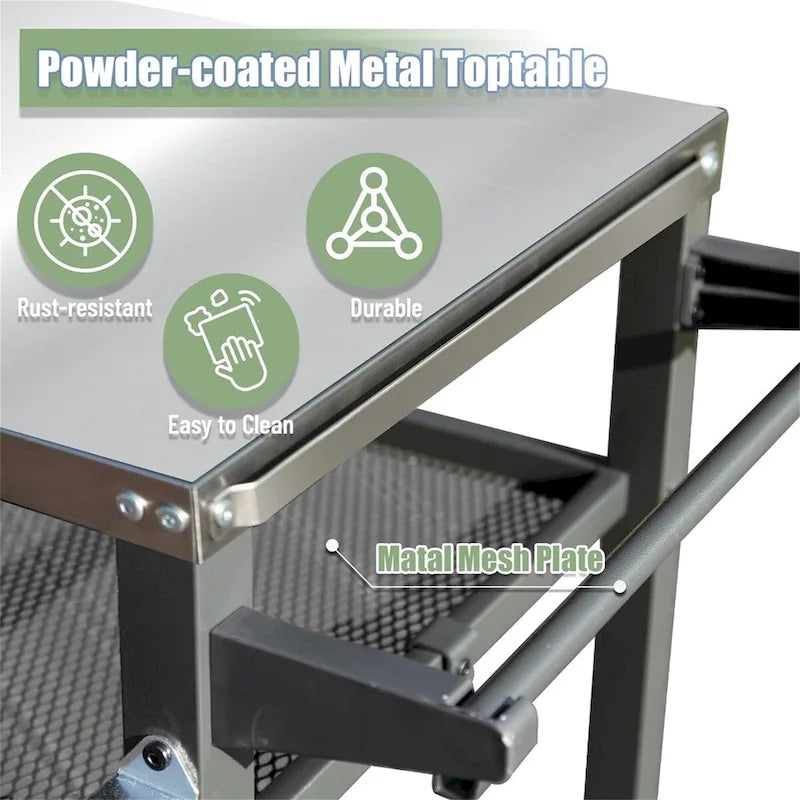3-Shelf Outdoor Grill Cart with Wheels, Stainless Steel Tabletop
