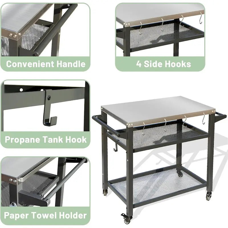3-Shelf Outdoor Grill Cart with Wheels, Stainless Steel Tabletop