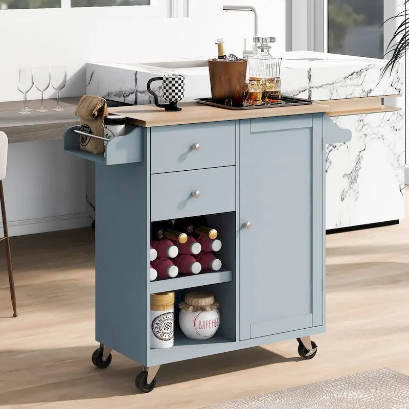 Rubberwood Kitchen Cart with Drop Leaf, Internal Storage Rack, Towel Holder, Spice Rack, and 2 drawers