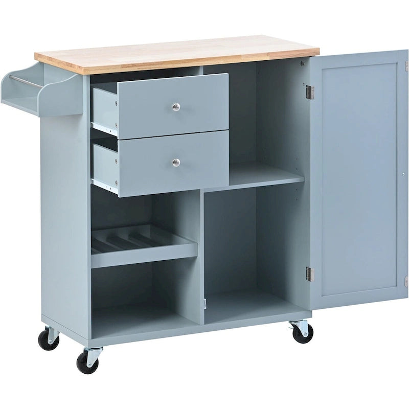 Rubberwood Kitchen Cart with Drop Leaf, Internal Storage Rack, Towel Holder, Spice Rack, and 2 drawers