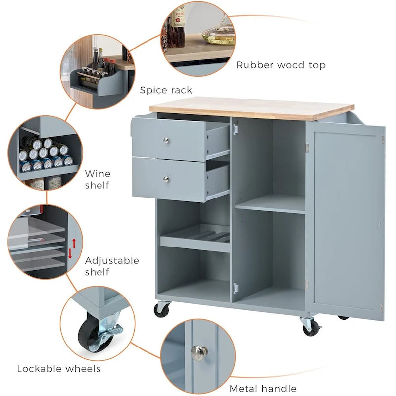 Rubberwood Kitchen Cart with Drop Leaf, Internal Storage Rack, Towel Holder, Spice Rack, and 2 drawers