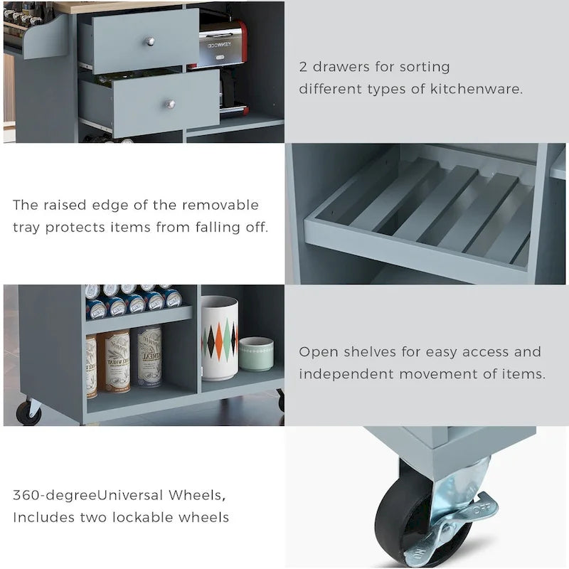 Rubberwood Kitchen Cart with Drop Leaf, Internal Storage Rack, Towel Holder, Spice Rack, and 2 drawers