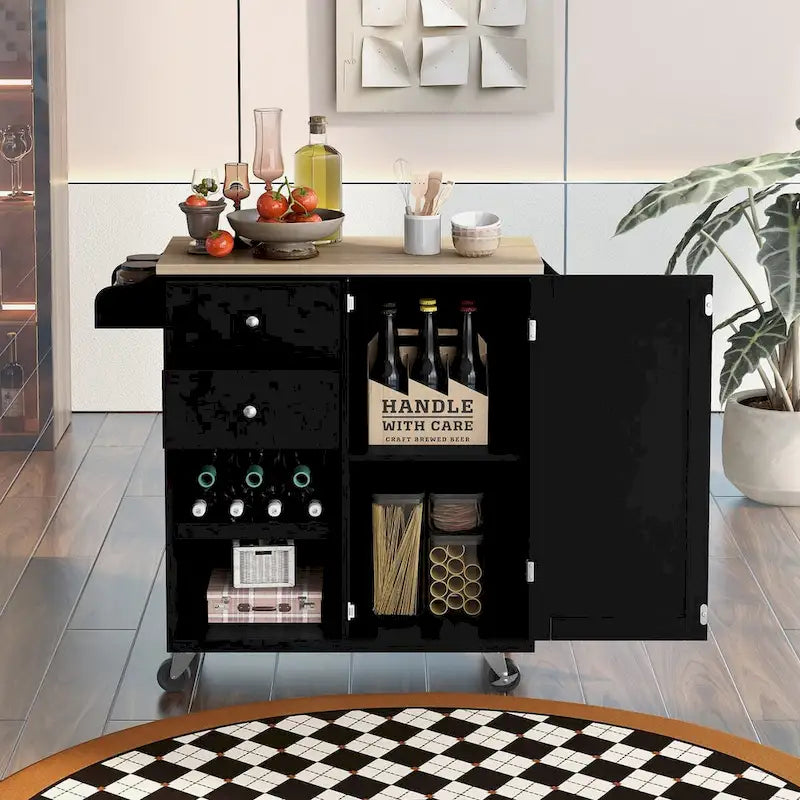 Rubberwood Kitchen Cart with Drop Leaf, Internal Storage Rack, Towel Holder, Spice Rack, and 2 drawers