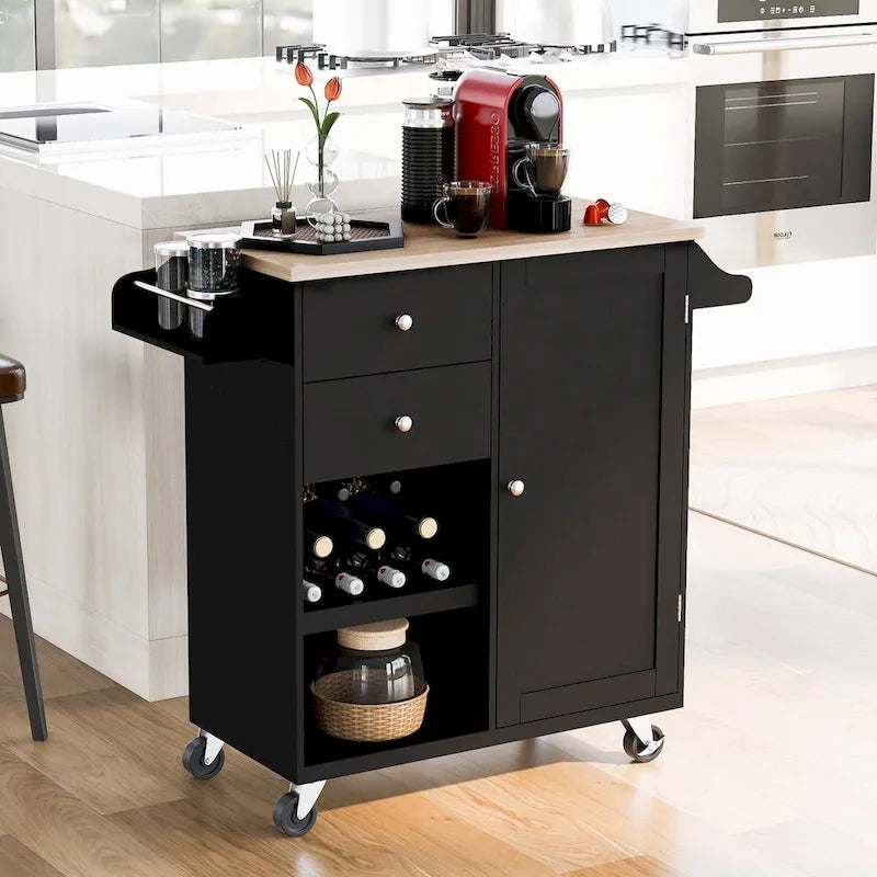 Rubberwood Kitchen Cart with Drop Leaf, Internal Storage Rack, Towel Holder, Spice Rack, and 2 drawers