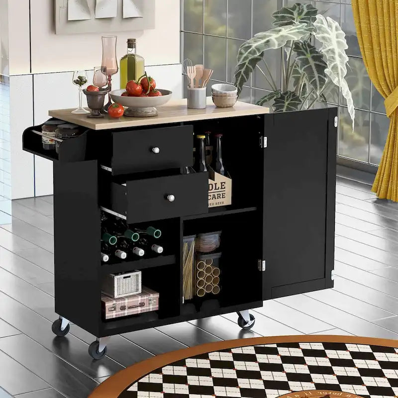 Rubberwood Kitchen Cart with Drop Leaf, Internal Storage Rack, Towel Holder, Spice Rack, and 2 drawers