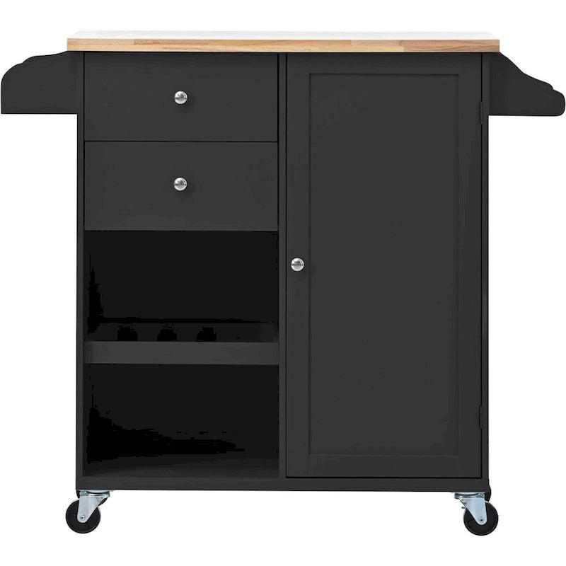 Rubberwood Kitchen Cart with Drop Leaf, Internal Storage Rack, Towel Holder, Spice Rack, and 2 drawers