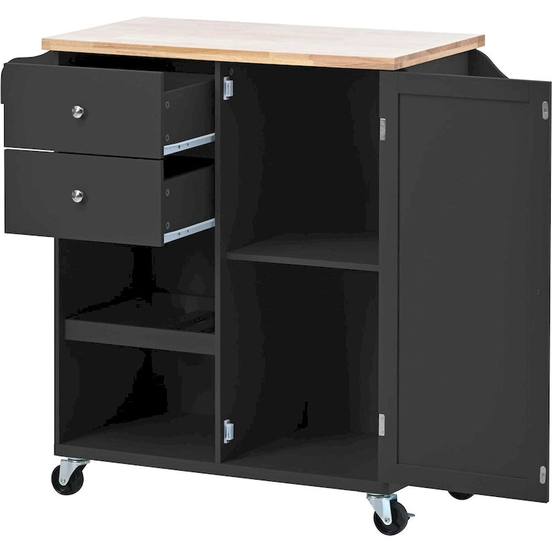 Rubberwood Kitchen Cart with Drop Leaf, Internal Storage Rack, Towel Holder, Spice Rack, and 2 drawers