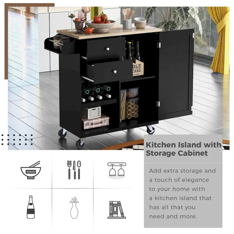 Rubberwood Kitchen Cart with Drop Leaf, Internal Storage Rack, Towel Holder, Spice Rack, and 2 drawers