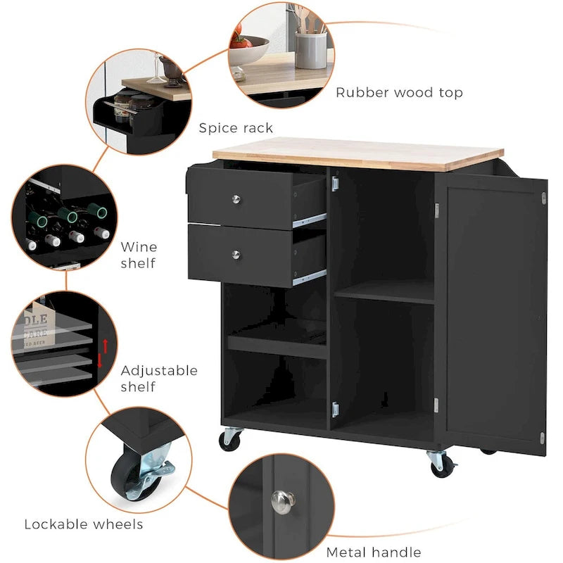 Rubberwood Kitchen Cart with Drop Leaf, Internal Storage Rack, Towel Holder, Spice Rack, and 2 drawers