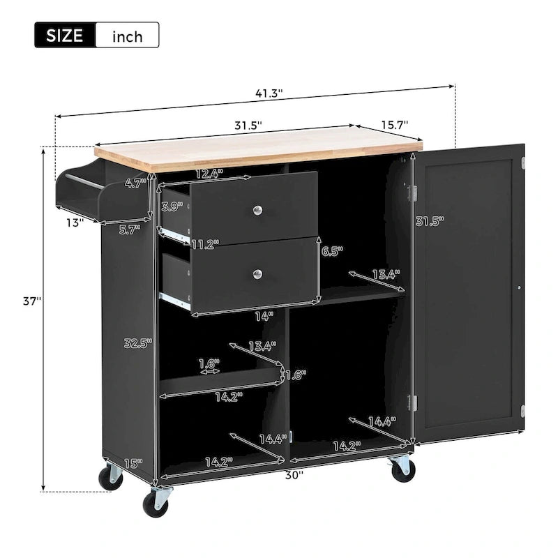 Rubberwood Kitchen Cart with Drop Leaf, Internal Storage Rack, Towel Holder, Spice Rack, and 2 drawers