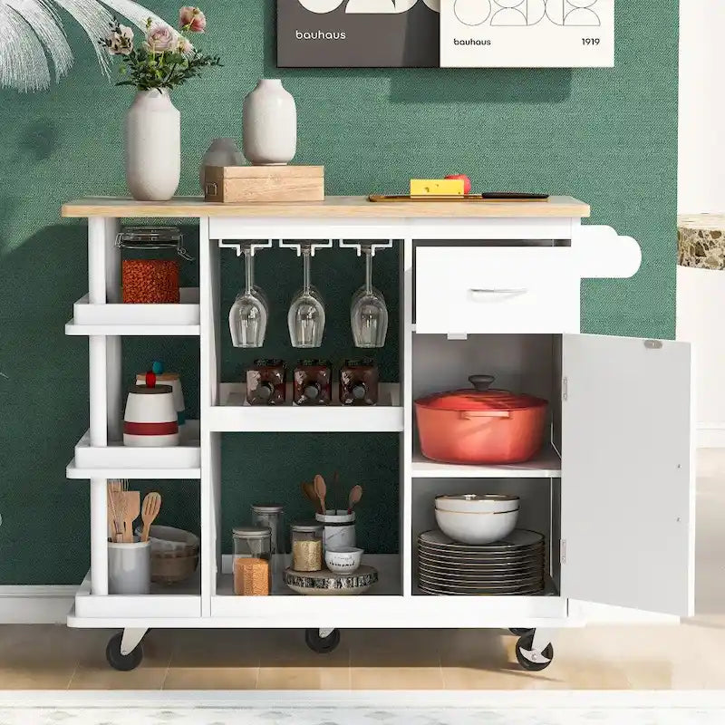 Rubber Wood Kitchen Cart with Adjustable Shelves and Wine Rack