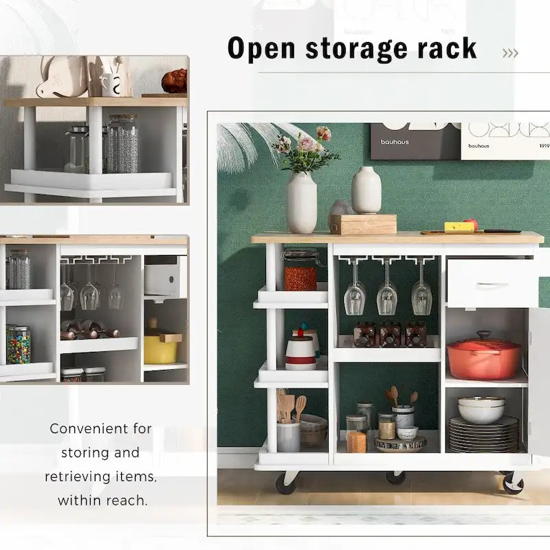 Rubber Wood Kitchen Cart with Adjustable Shelves and Wine Rack