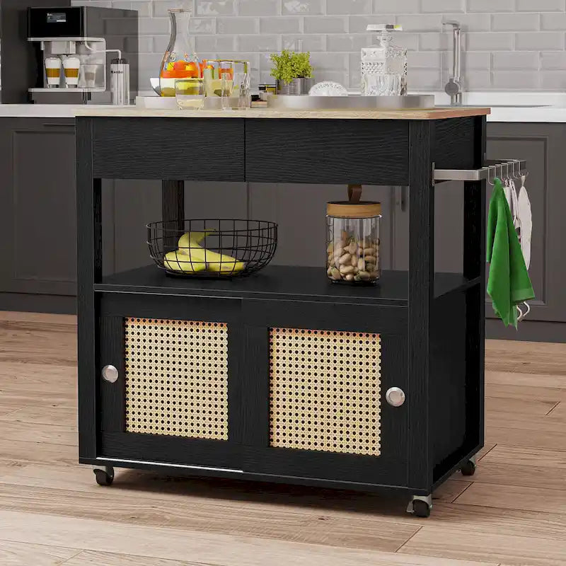 Moasis Rattan Rolling Kitchen Island with Storage Cabinet - 32.2L x19.5W x 35H