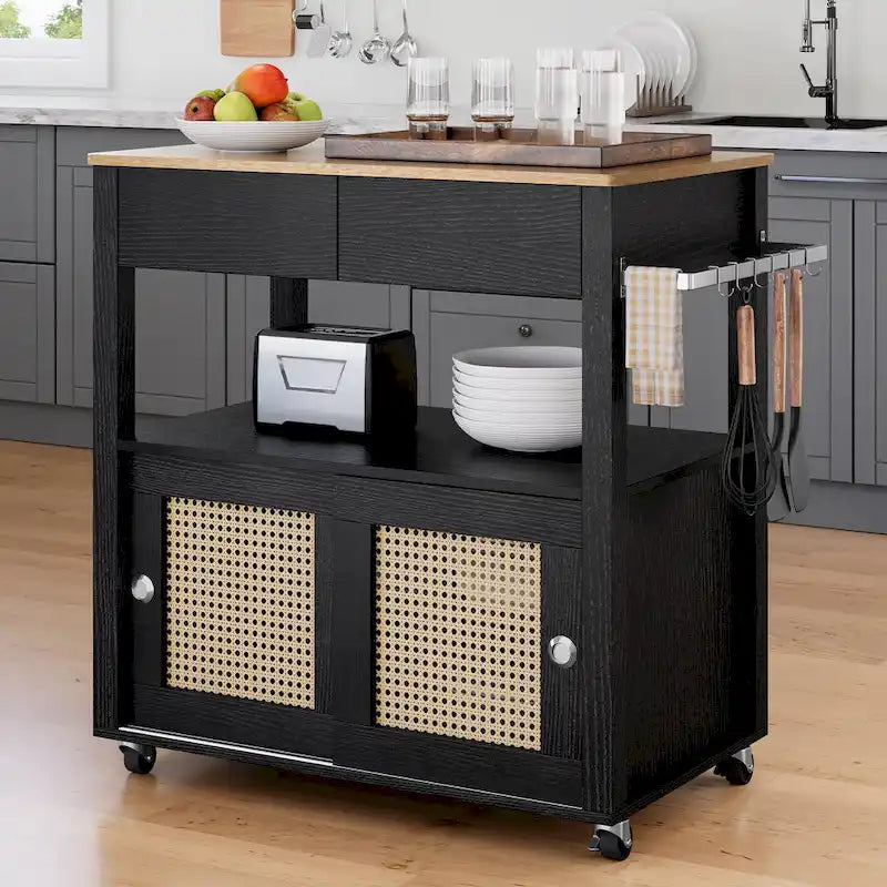 Moasis Rattan Rolling Kitchen Island with Storage Cabinet - 32.2L x19.5W x 35H