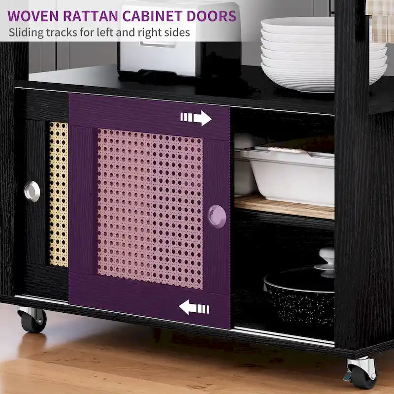 Moasis Rattan Rolling Kitchen Island with Storage Cabinet - 32.2L x19.5W x 35H