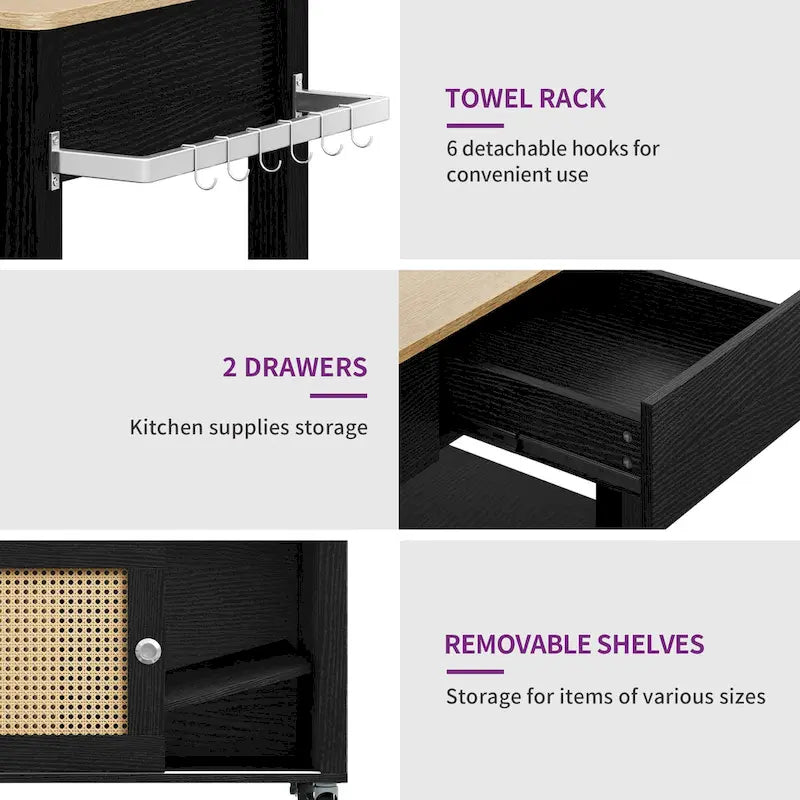 Moasis Rattan Rolling Kitchen Island with Storage Cabinet - 32.2L x19.5W x 35H