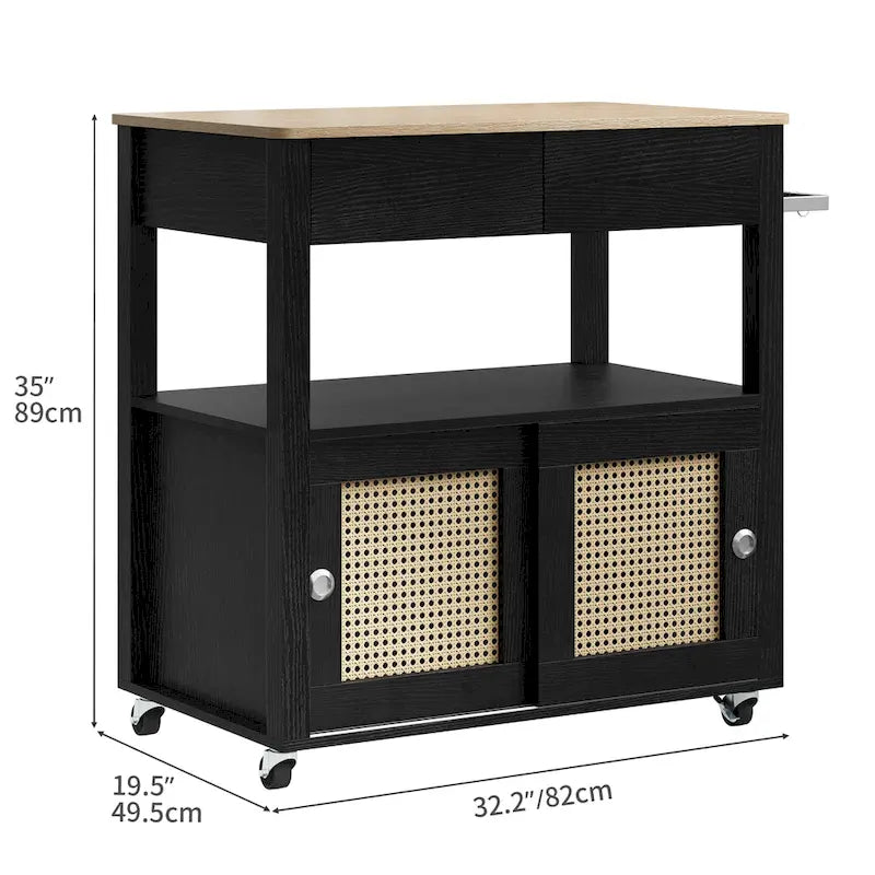Moasis Rattan Rolling Kitchen Island with Storage Cabinet - 32.2L x19.5W x 35H
