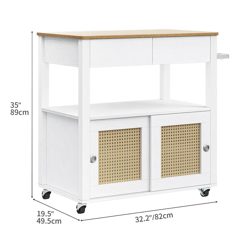 Moasis Rattan Rolling Kitchen Island with Storage Cabinet - 32.2L x19.5W x 35H