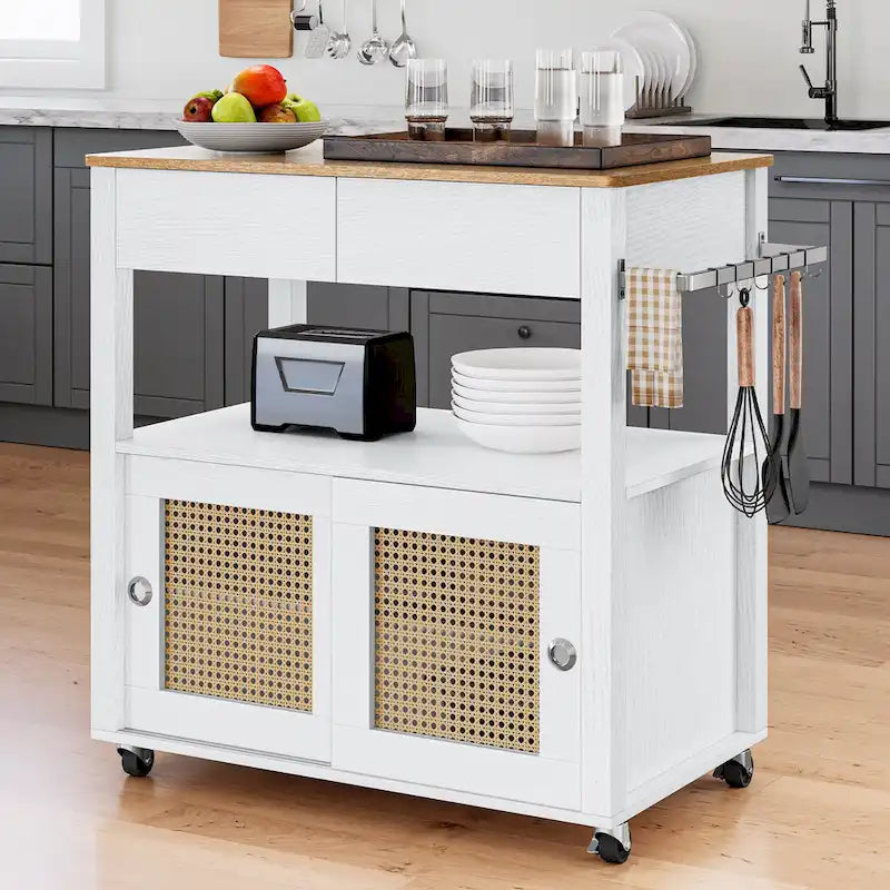 Moasis Rattan Rolling Kitchen Island with Storage Cabinet - 32.2L x19.5W x 35H