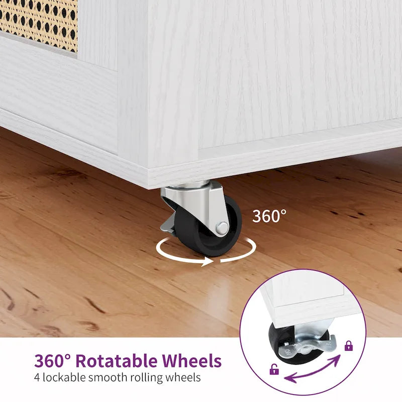 Moasis Rattan Rolling Kitchen Island with Storage Cabinet - 32.2L x19.5W x 35H