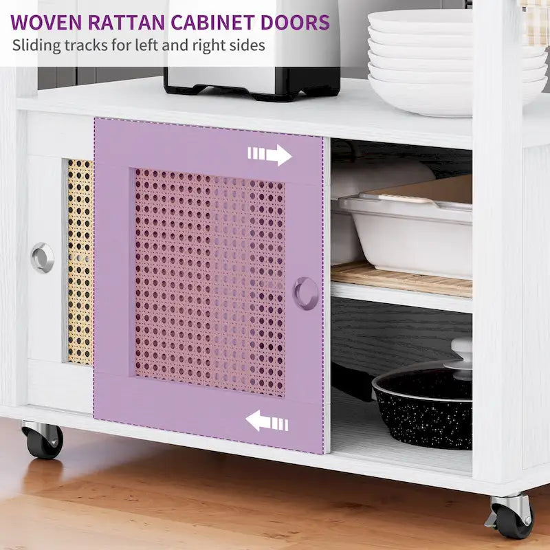 Moasis Rattan Rolling Kitchen Island with Storage Cabinet - 32.2L x19.5W x 35H