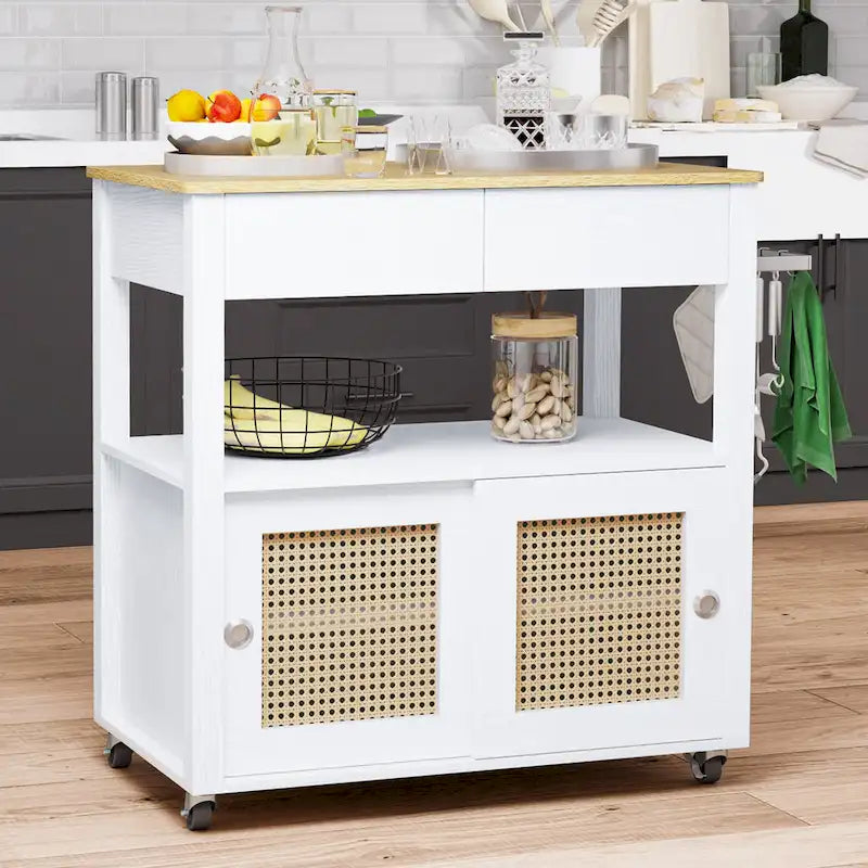 Moasis Rattan Rolling Kitchen Island with Storage Cabinet - 32.2L x19.5W x 35H