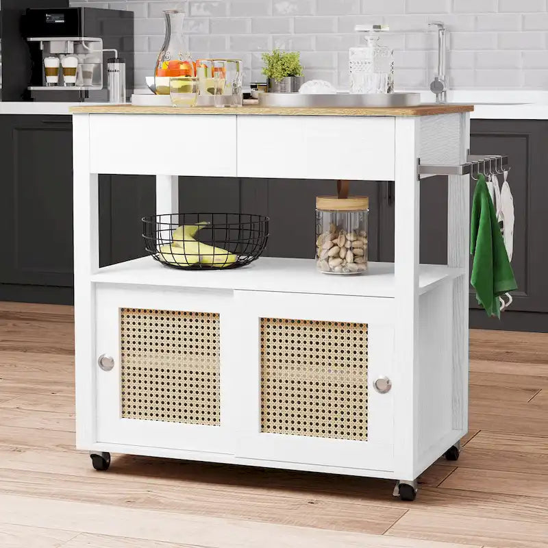 Moasis Rattan Rolling Kitchen Island with Storage Cabinet - 32.2L x19.5W x 35H